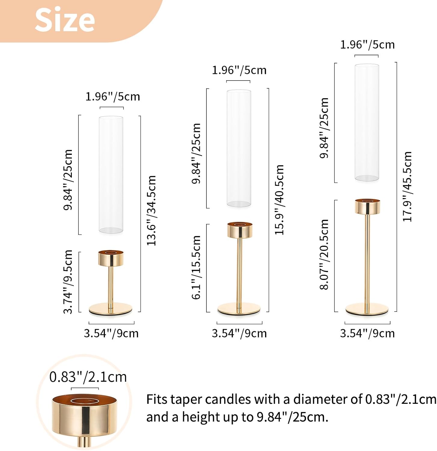 NUPTIO Candle Stick Holder for Wedding: 18 Pcs Tall Hurricane Gold Candles Holder with Clear Glass Chimney Cover - Tapered Candlestick Decor Bulk for Party Centerpiece