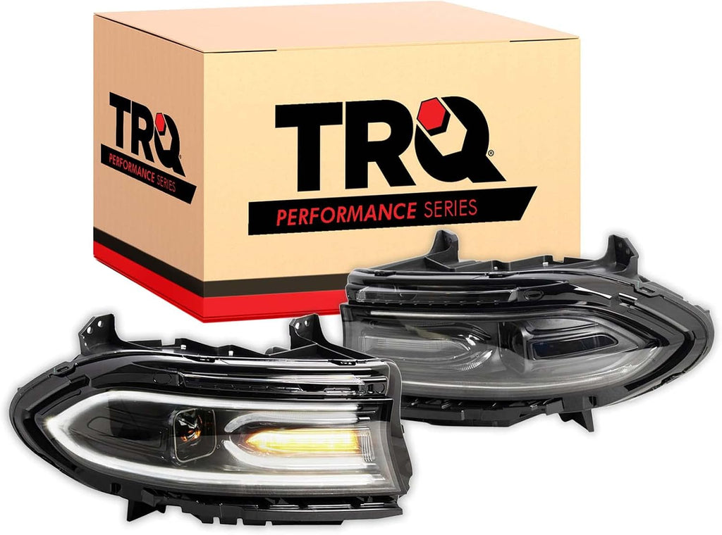 TRQ 2 Piece Headlight Assembly Set Performance Projection Style LED Turn Signals LED Daytime Running Light Black Bezel Driver & Passenger Side Compatible with Dodge Charger 2015-2021