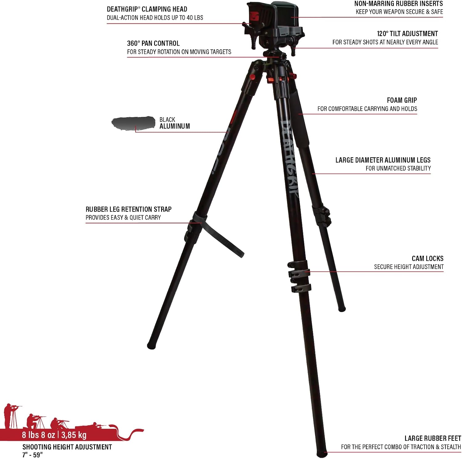 BOG DeathGrip Aluminum Tripod with Durable Frame, Lightweight, Stable Design, Bubble Level, Adjustable Legs, Shooting Rest, and Hands-Free Operation for Hunting, Shooting, and Outdoors