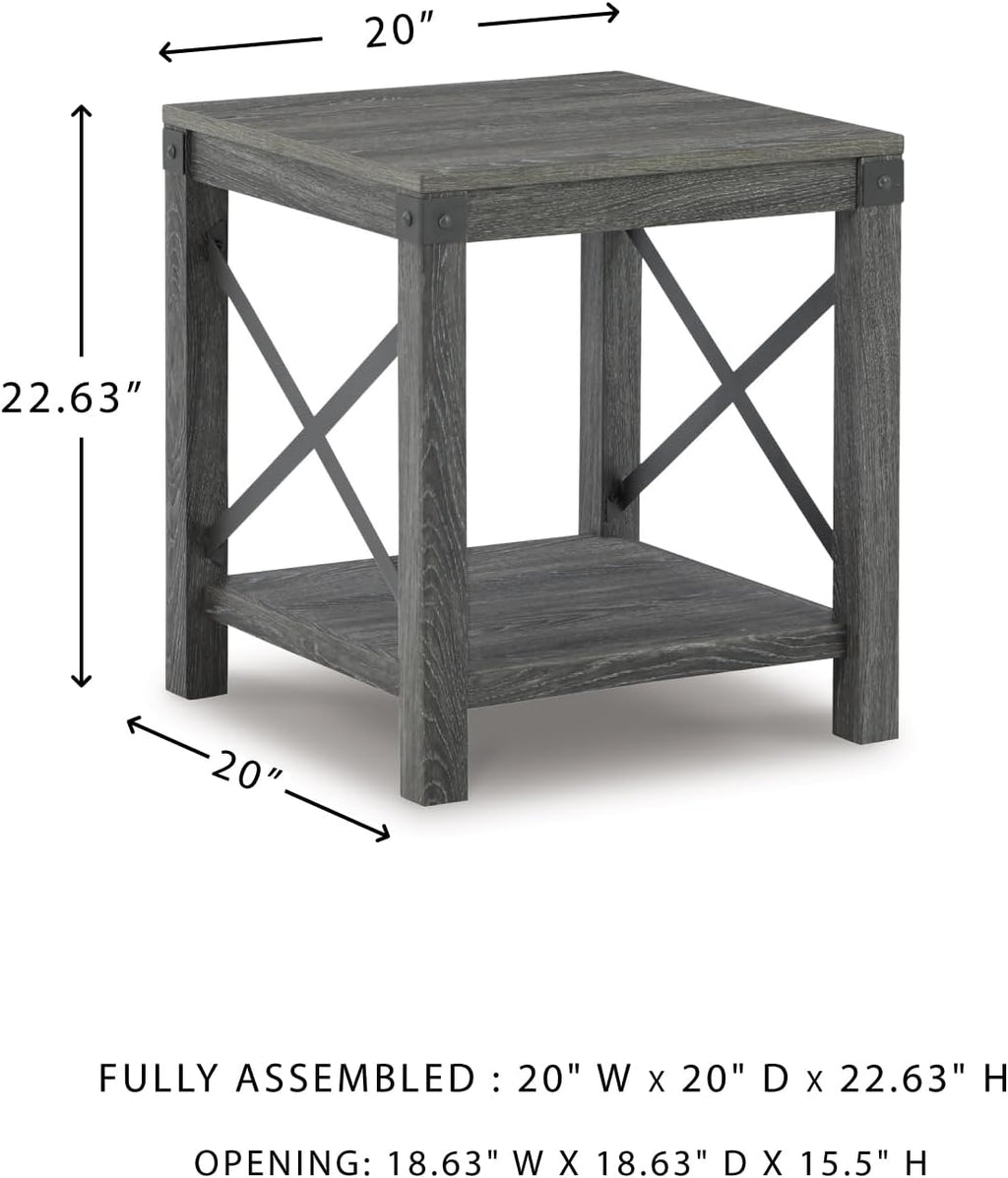 Signature Design by Ashley Freedan Rustic Square Farmhouse End Table, Wood, Metal Crossbuck Accents, Lower Display Shelf, 22.63' High, Gray