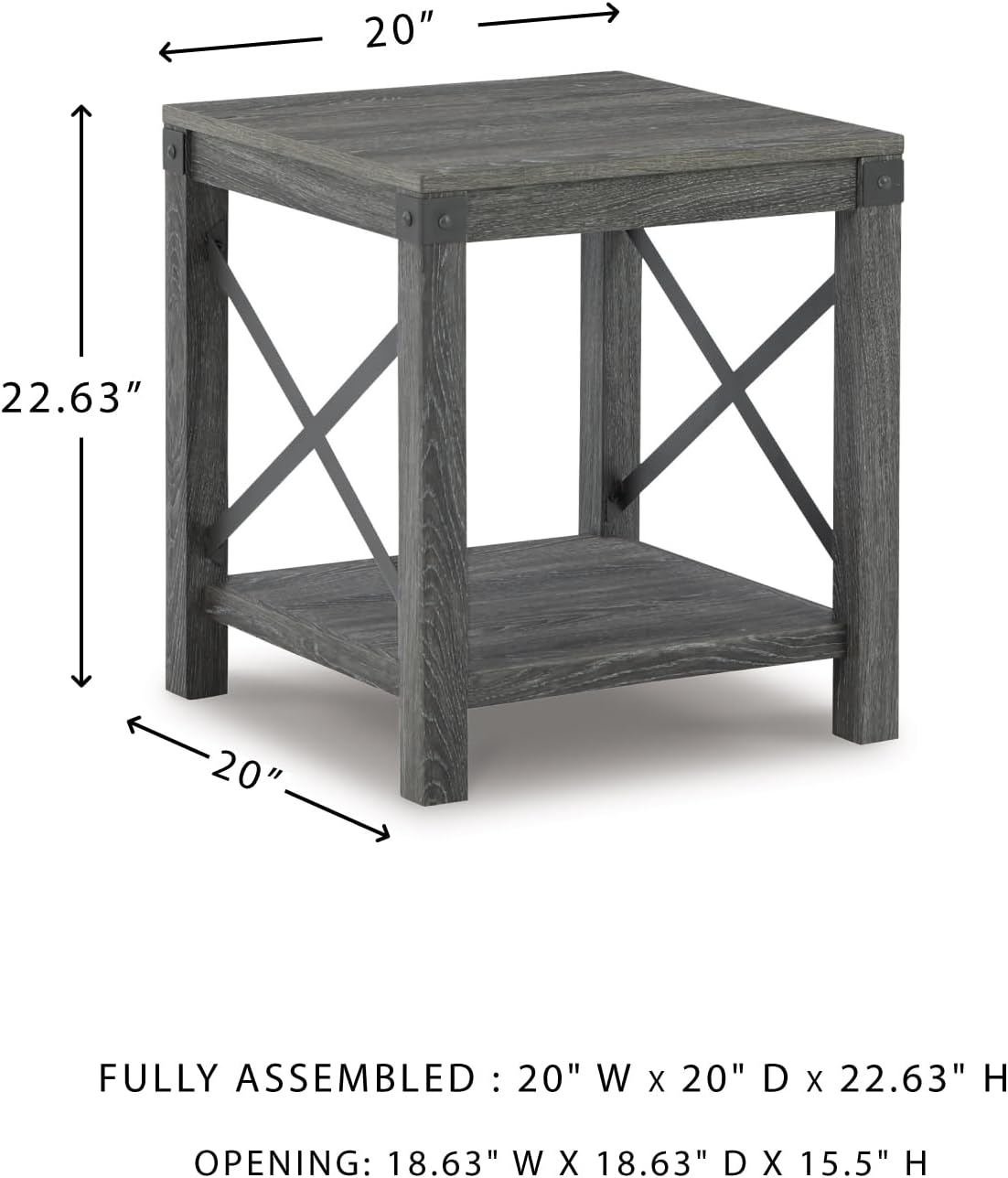 Signature Design by Ashley Freedan Rustic Square Farmhouse End Table, Wood, Metal Crossbuck Accents, Lower Display Shelf, 22.63' High, Gray