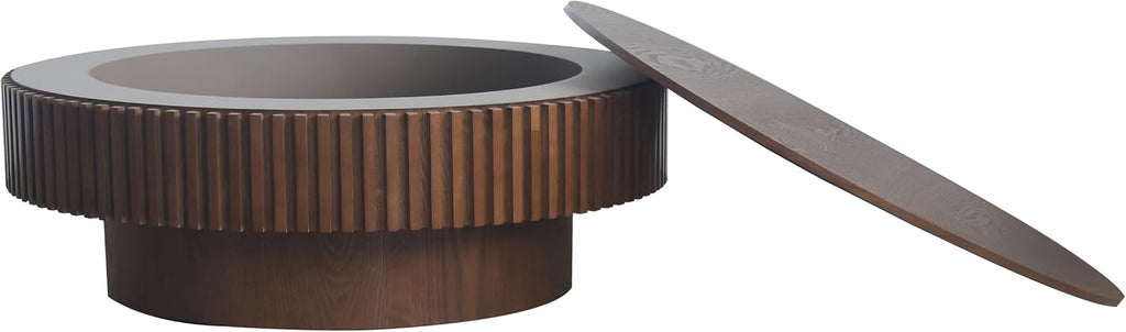 39.37'' Round Coffee Table with Storage, Solid Wood Veneered Modern Drum Coffee Table Accent Tea Table for Living Room, Bedroom, Apartment or Office-Walnut