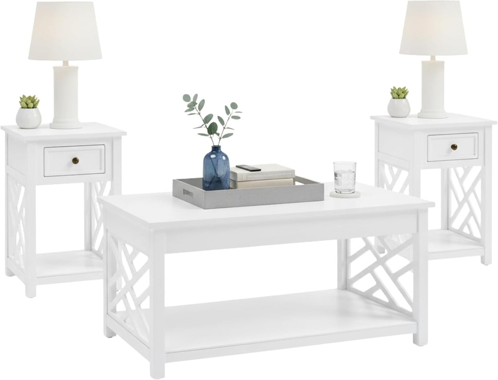 Coventry 36 in. Coffee Table and 2 End Tables with Drawers - Cottage-Style Living Room Furniture Set with Open-Design Decorative Details - Accent Tables with Storage Compartment