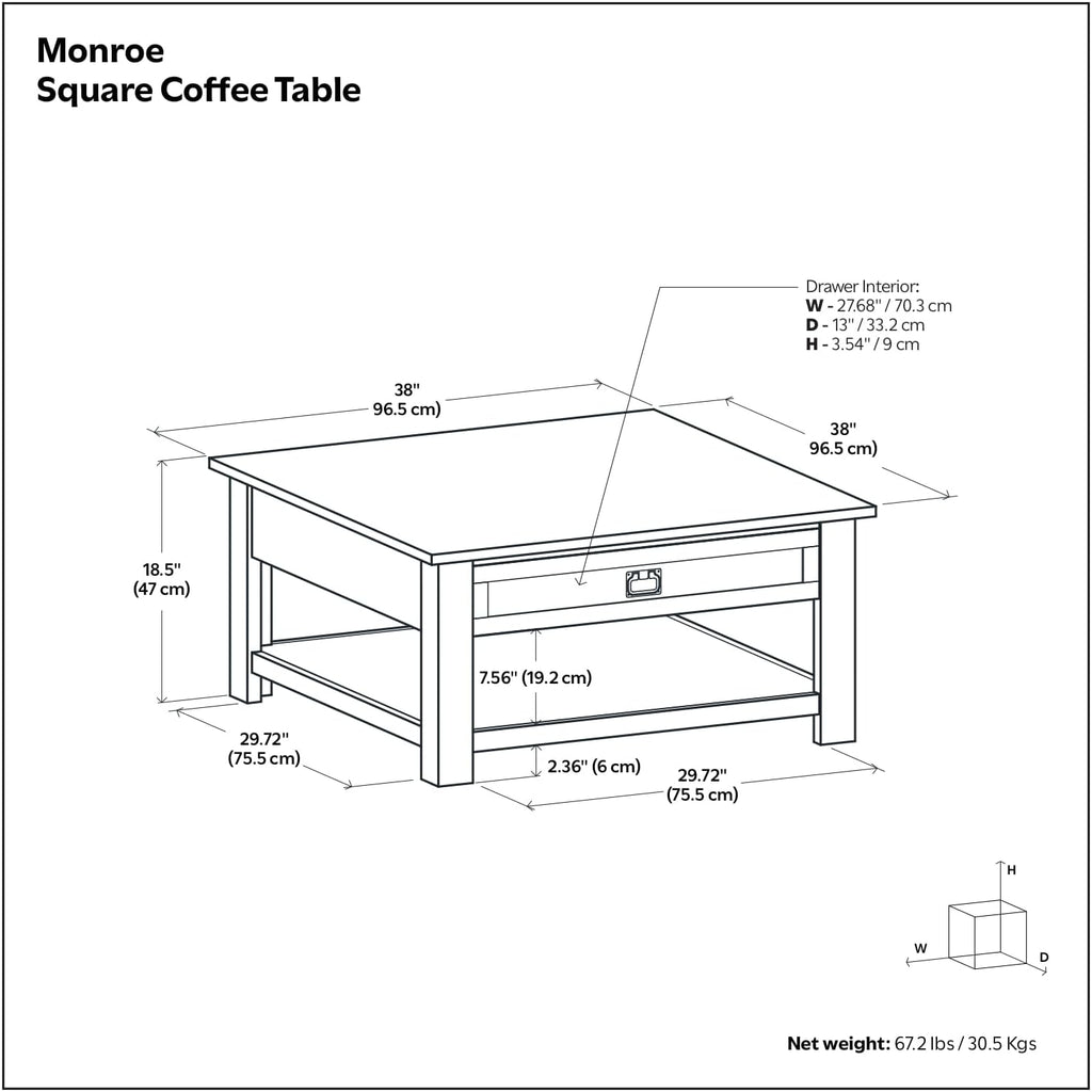 SIMPLIHOME Monroe Square Coffee Table - 38' Wide x 19' High Solid Acacia Wood Living Room Table in Farmhouse Grey, Rustic Cocktail Table for Family Room or Lounge with 2 Drawers and Open Shelf