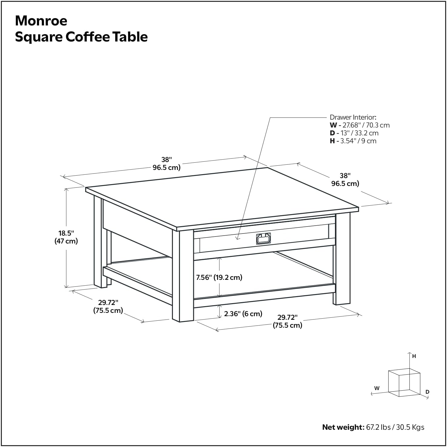 SIMPLIHOME Monroe Square Coffee Table - 38' Wide x 19' High Solid Acacia Wood Living Room Table in Farmhouse Grey, Rustic Cocktail Table for Family Room or Lounge with 2 Drawers and Open Shelf