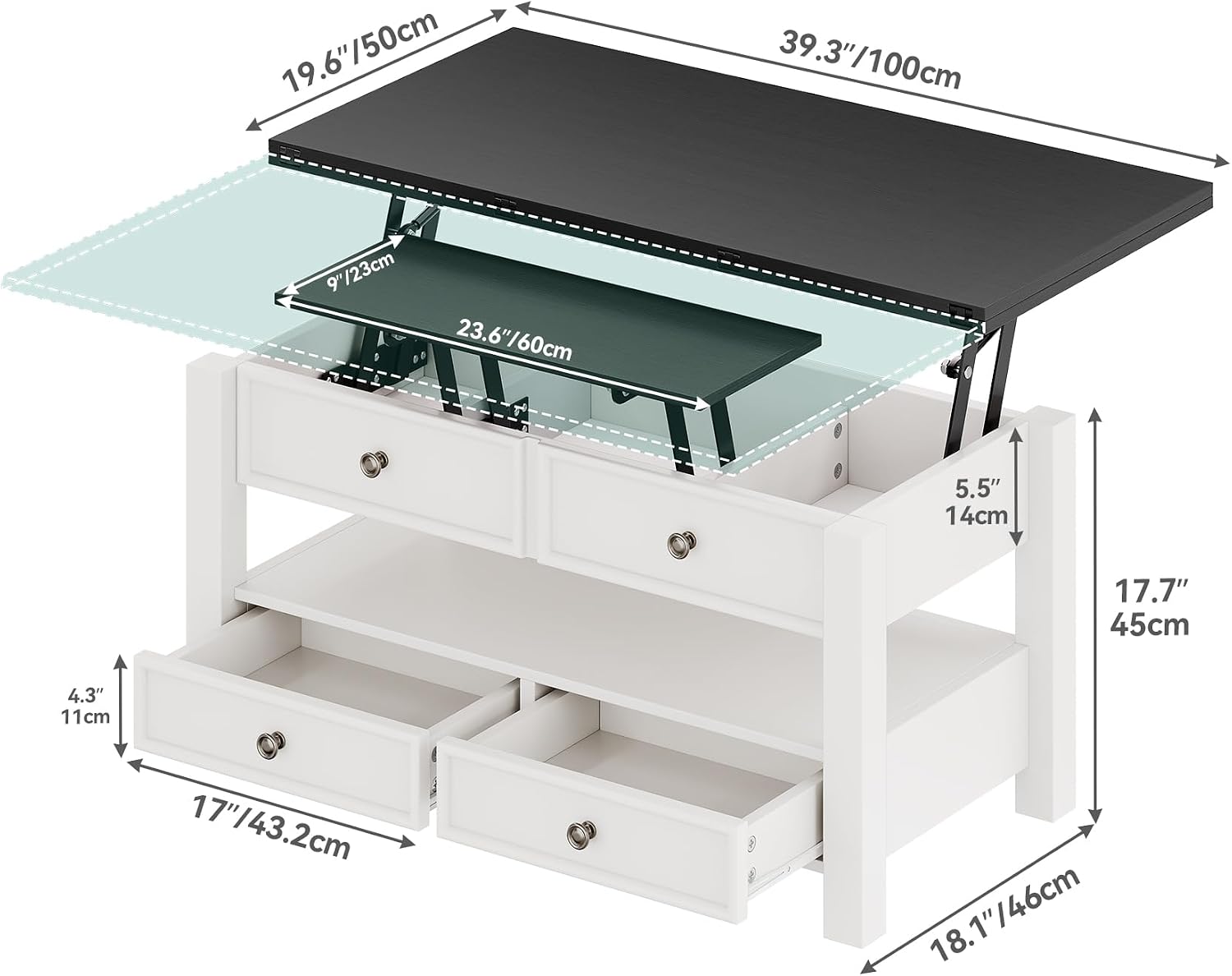 YITAHOME Coffee Table Lift Top, 4 in 1 Multi-Function Convertible Coffee Table with Drawers and Hidden Compartment, Converts to Dining Table for Living Room Home Office, Black Top