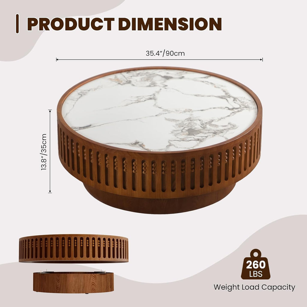 Round Wooden Coffee Table with Sintered Stone Tabletop 35.43' Modern Drum Coffee Table Unique Fluted Center Table for Living Room Office Cafe (35.4' Sintered Stone Tabletop)