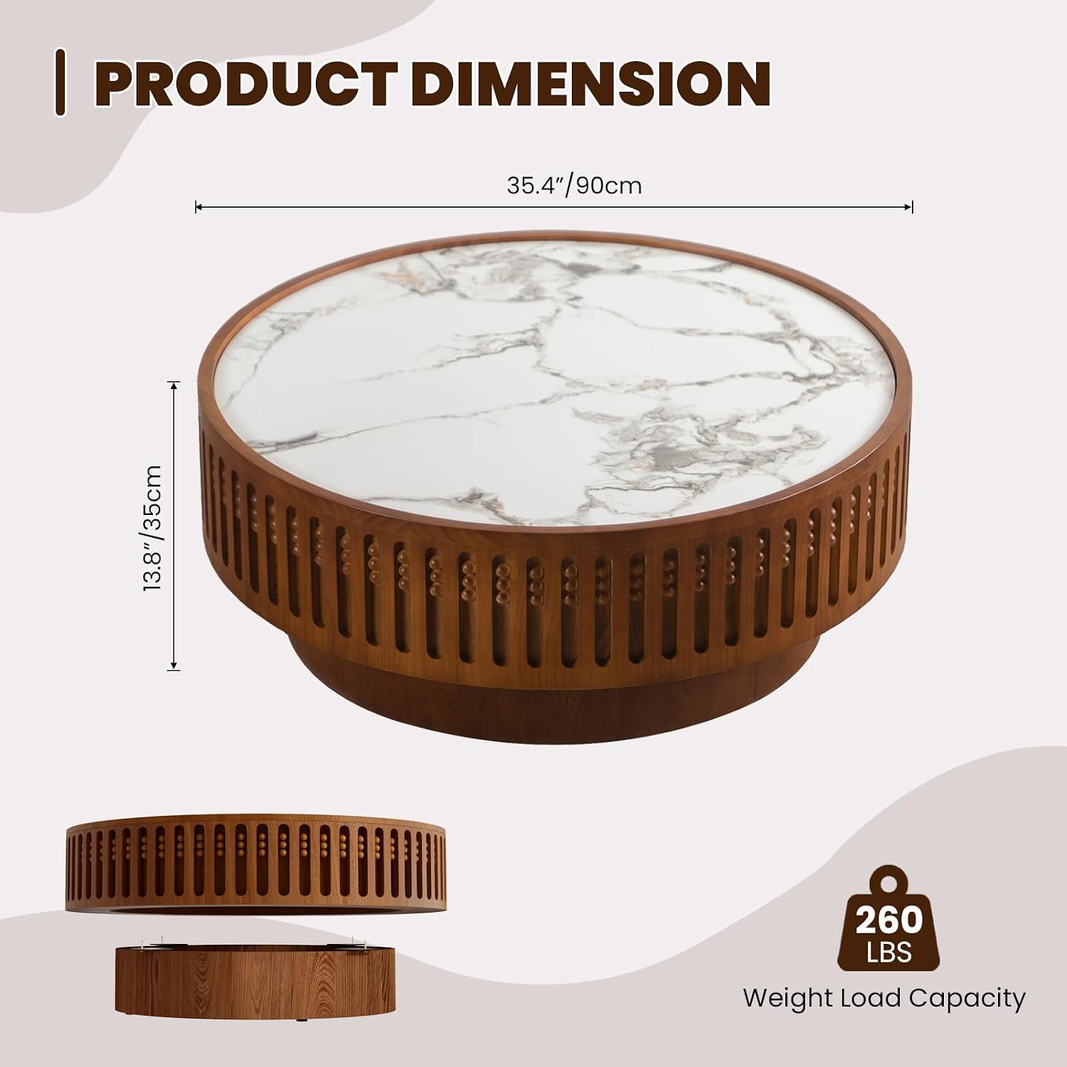 Round Wooden Coffee Table with Sintered Stone Tabletop 35.43' Modern Drum Coffee Table Unique Fluted Center Table for Living Room Office Cafe (35.4' Sintered Stone Tabletop)