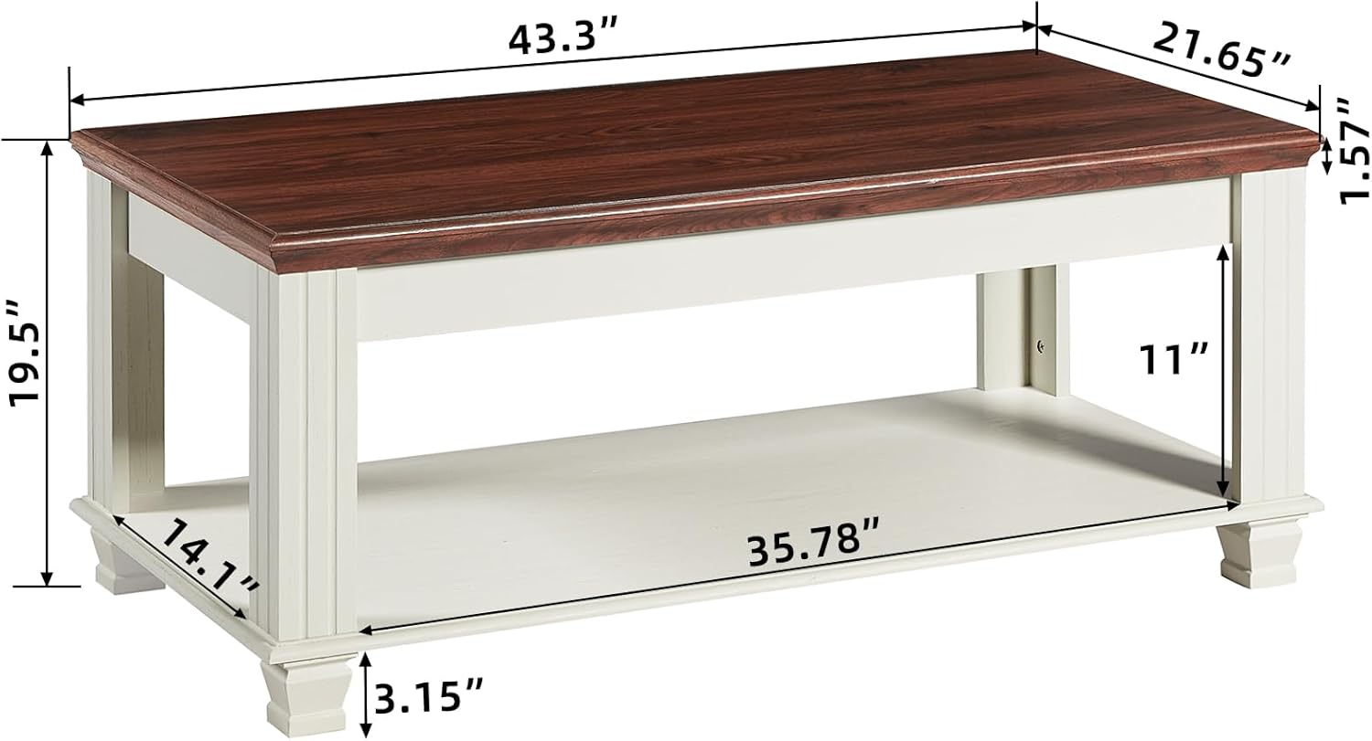 SAVOR LIFE Farmhouse Coffee Tables for Living Room,Square Tea Table with Open Storage Shelf,Large Coffee Table,Rustic Wooden Center Table,White