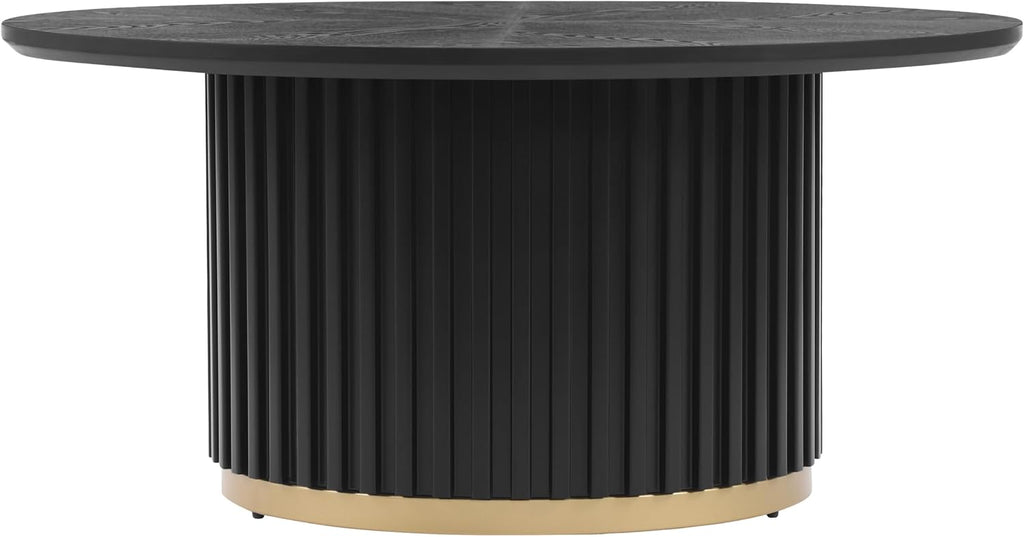 Modern Round Coffee Table with Fluted Pedestal Circle Coffee Table with Faux Marble Tabletop for Bedroom,Apartment,Living Room Black