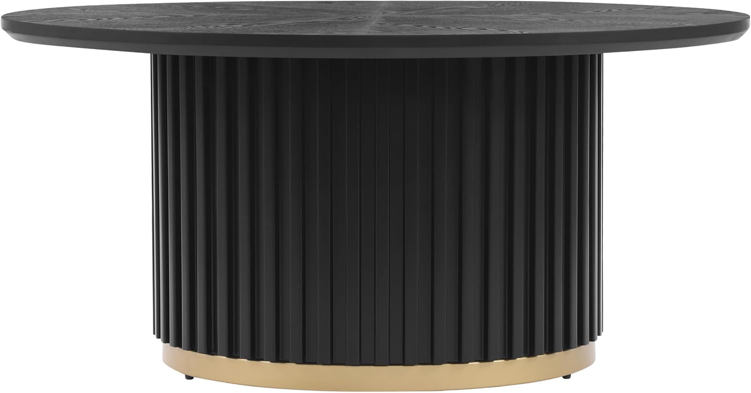 Modern Round Coffee Table with Fluted Pedestal Circle Coffee Table with Faux Marble Tabletop for Bedroom,Apartment,Living Room Black