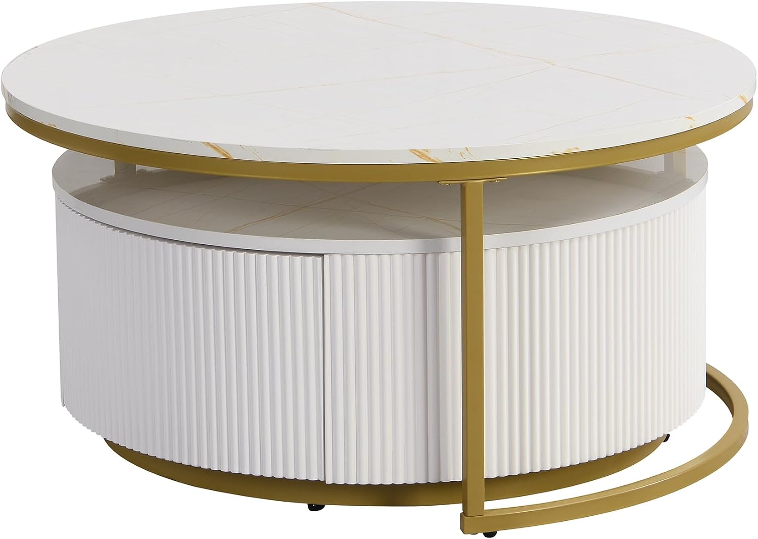 Merax 27.6' Modern Round Nesting Coffee Table Fluted with Drawer for Home Living Room, White & Gold