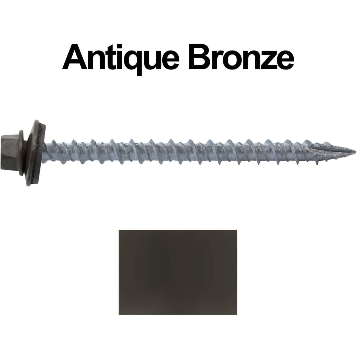 10 x 2-1/2' Antique Bronze Metal Roofing Screws - Hex Washer Head- Self-Starting/Tapping - EPDM Washer. 4 X 250 Bags - 1,000 Screws