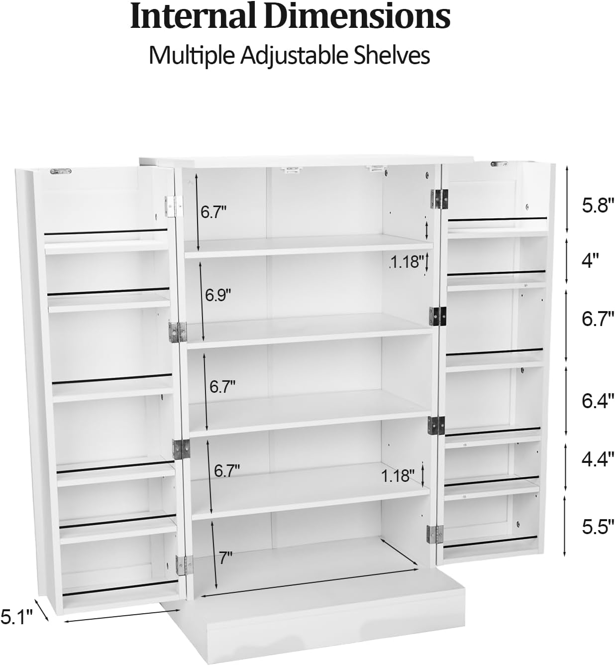 VINGLI 40 Inch White Pantry Cabinet with Doors, Small Kitchen Pantry Storage Cabinet Freestanding, Food Pantry Cabinet with Adjustable Shelves & Door Storage for Kitchen Dining Room Living Room
