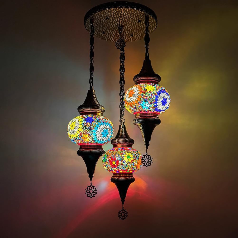 Turkish Mosaic 3 Globes Chandelier, Bohemian Moroccan Bronze Plating Red White Blue Green Shade Ceiling Hanging Lamp Kitchen Light for Bedroom, Cafe, Living Room, Entry,Colorful