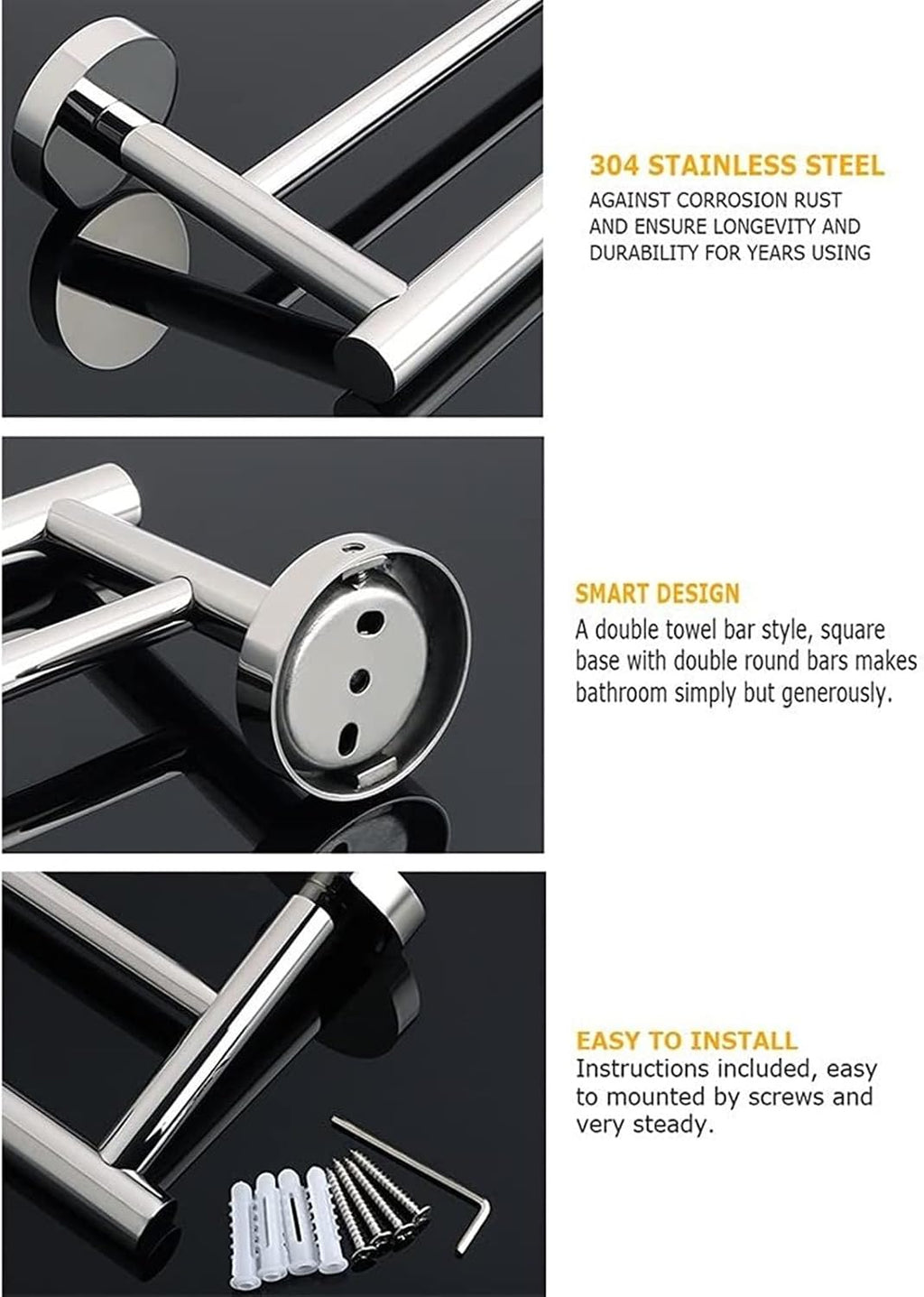 Bathroom Shelves Towel Rail Rack 30cm/40cm Double Towel Rail SUS304 Stainless Steel Bathroom Hand Towel Holder Chrome Towel Bar Ring Wall Mounted Storage