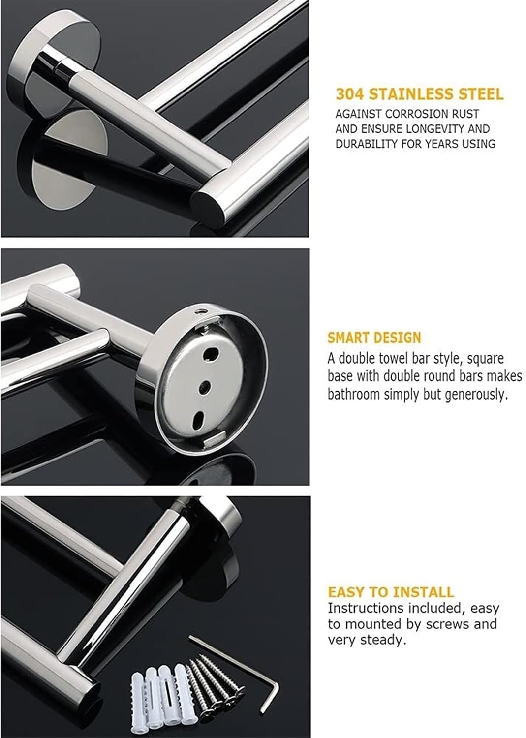 Bathroom Shelves Towel Rail Rack 30cm/40cm Double Towel Rail SUS304 Stainless Steel Bathroom Hand Towel Holder Chrome Towel Bar Ring Wall Mounted Storage