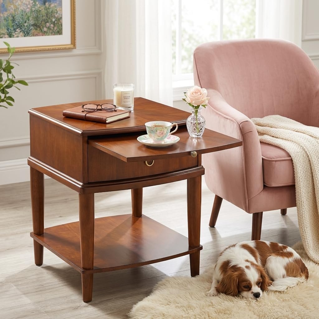 Set of 2Wood Side End Table with Tray Extension and Storage Drawers,Sofa Side Table with Round Legs,No-Tools Assembly,Telephone Table for Living Room,17.7'L x 19.7'W x 22.8'H Beeswax CJZ-A1569-MG
