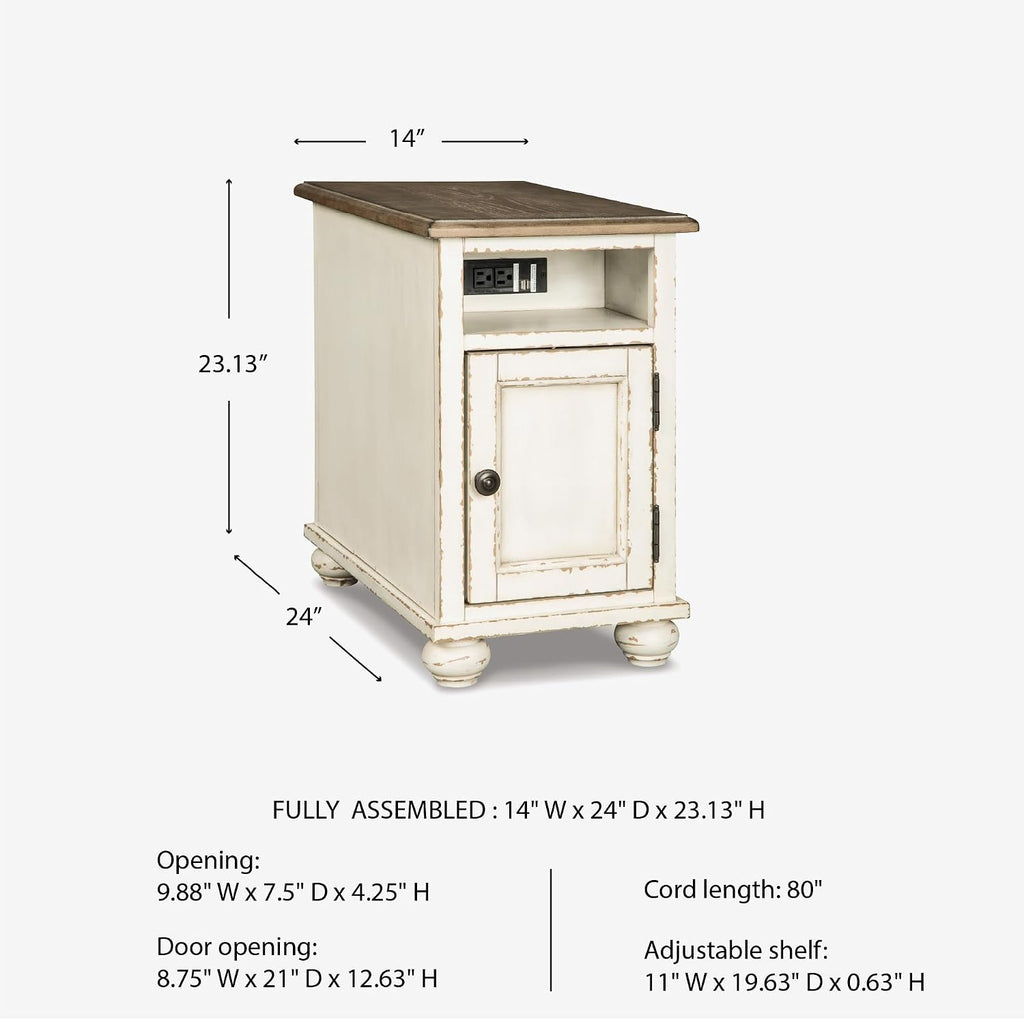 Signature Design by Ashley Realyn French Country Chair Side End Table, Cabinet Storage with Shelf, Outlets and USB Ports, Wood, 14' W x 24' D x 23.13' H, Cream