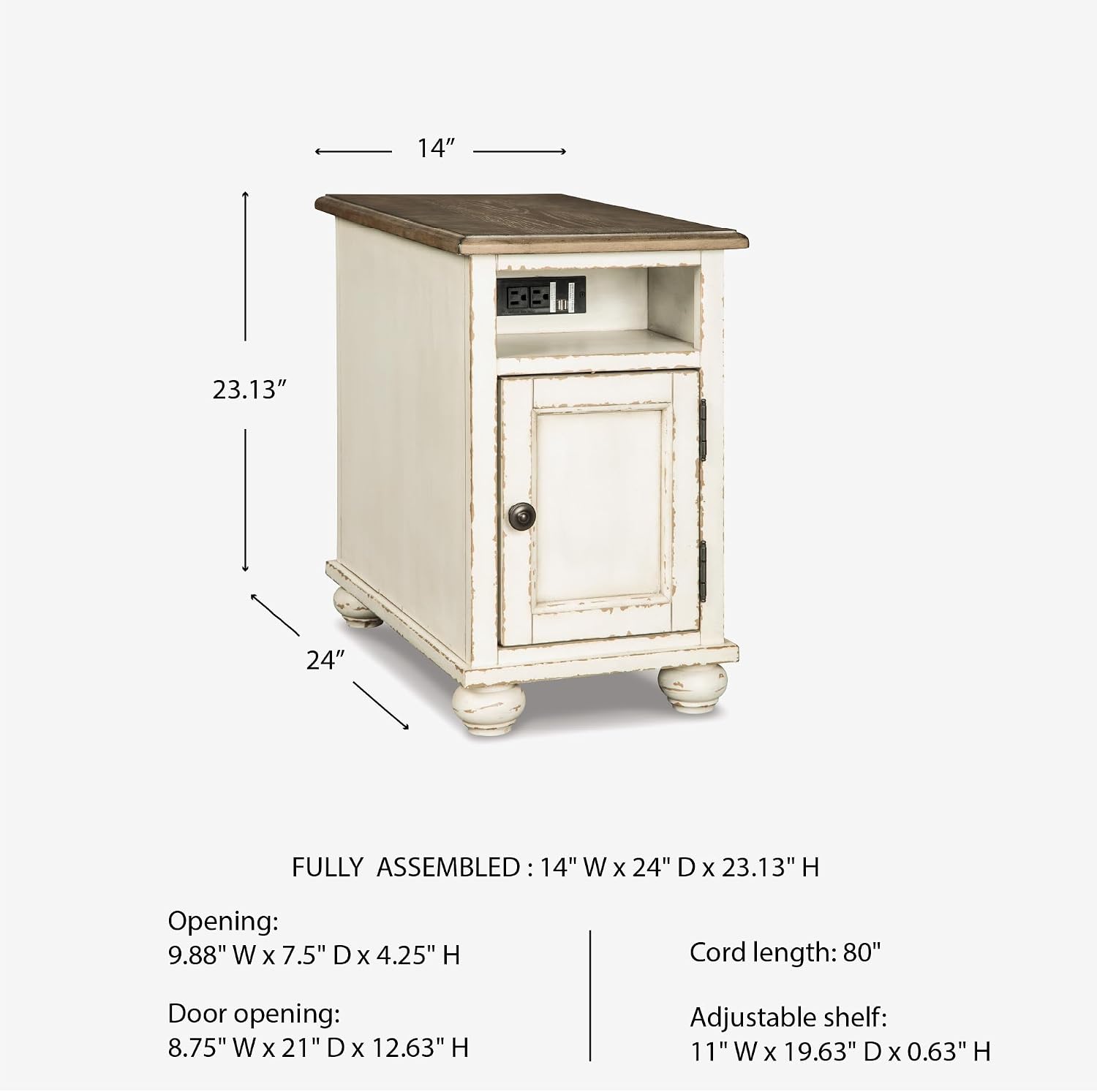 Signature Design by Ashley Realyn French Country Chair Side End Table, Cabinet Storage with Shelf, Outlets and USB Ports, Wood, 14' W x 24' D x 23.13' H, Cream