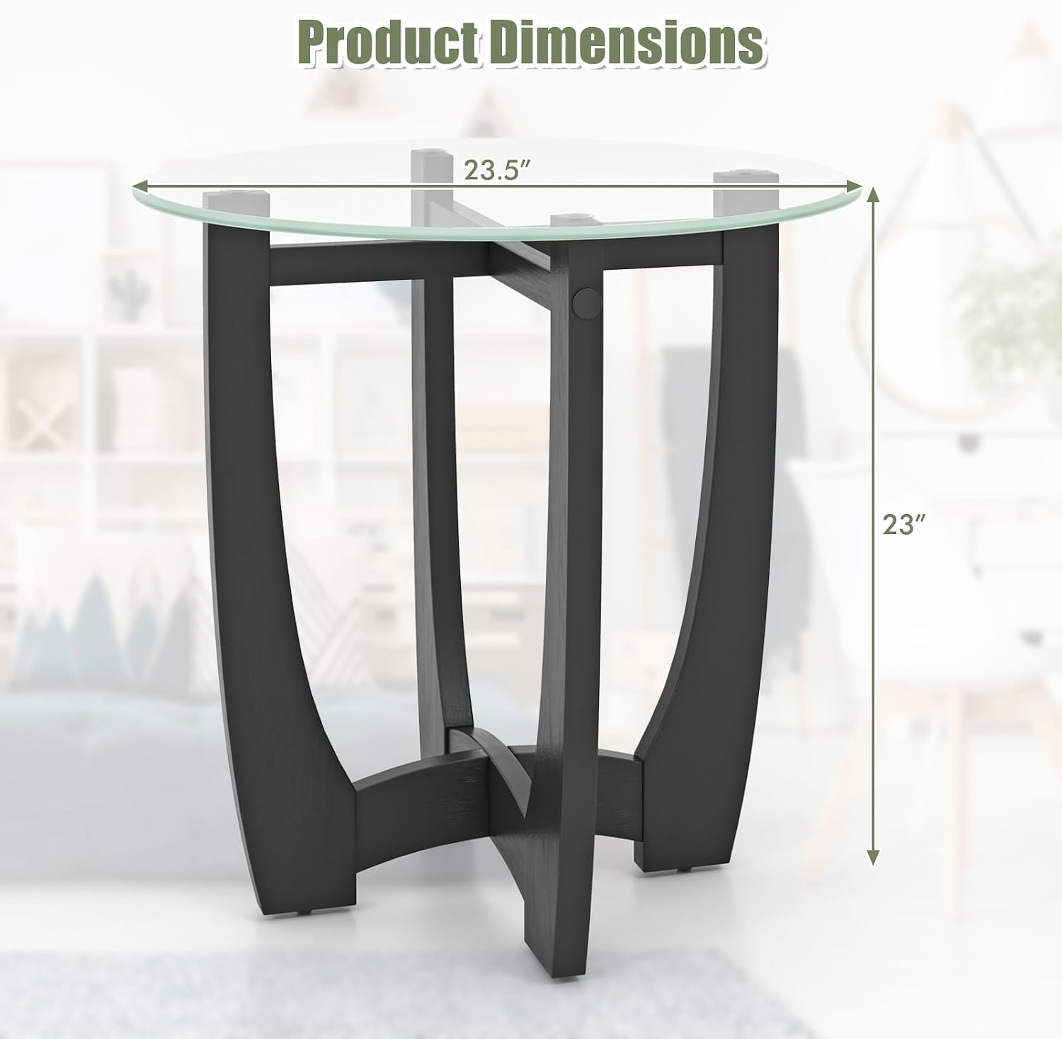 Giantex Glass End Tables Set of 2, Round Side Tables with Rubber Wood Frame & Tempered Glass Top, 23.5' Small Black Coffee Table, Modern Glass Nightstand for Living Room Balcony Bedroom, Easy Assembly