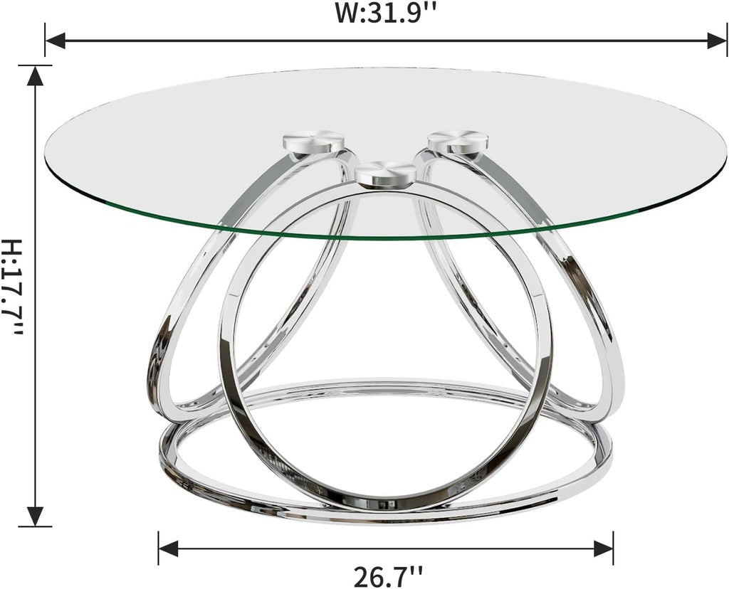O&K FURNITURE Silver Coffee Table, Modern Glass Coffee Table Living Room Table with Ring-Shaped Frames, Glass Coffee Table for Home&Office, Chrome Finish, 1 PC | Modern