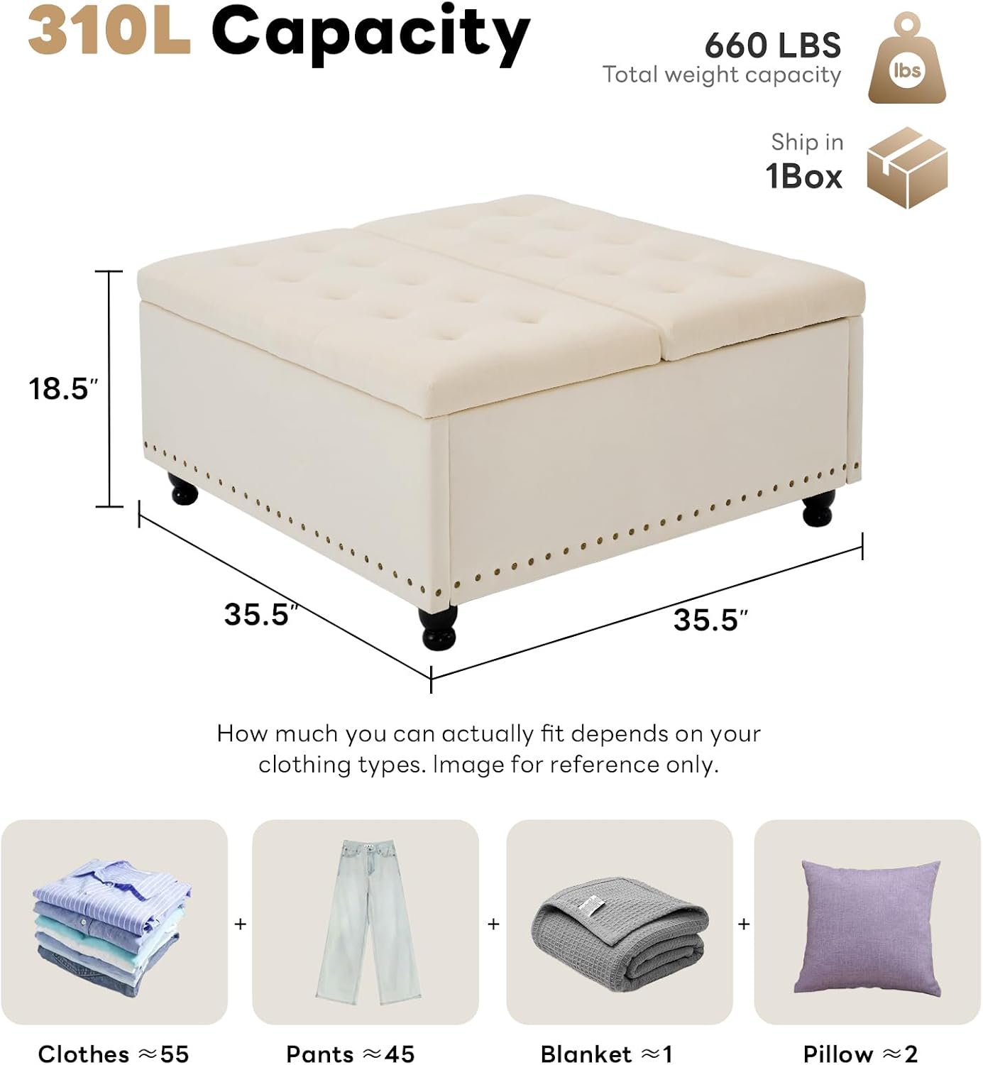 Tbfit Large Square Storage Ottoman Bench, Tufted Upholstered Coffee Table Ottoman with Lift Top & Wooden Legs, Oversized Storage Ottomans Toy Box for Living Room (Beige Velvet)