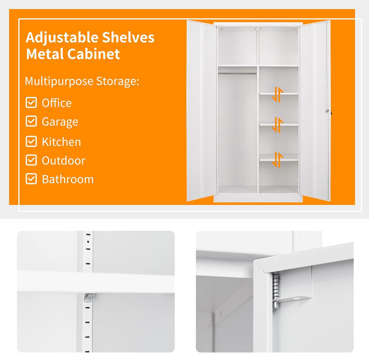 MIIIKO Steel Wardrobe Cabinet with 2 Doors, White Metal Locker Cabinet for Storage with Hanging Rod and 4 Shelves, Lockable Metal Closet for Bedroom, Cloakroom and Home Office