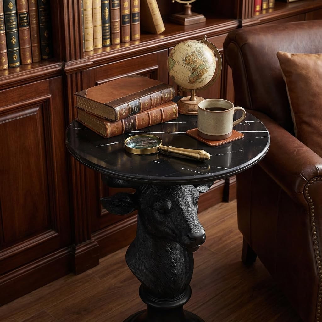 Sculptural Deer Head Side Table, Artistic Animal End Table with Faux Marble Top, Modern Accent Table for Living Room Bedroom, Unique Home Decor Gift for Housewarming, 19.69' W x 25.59' H