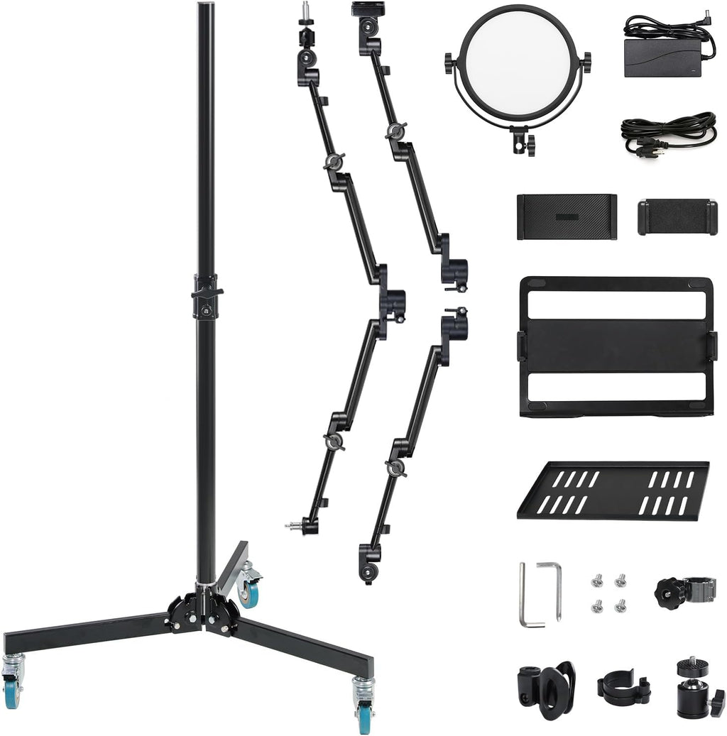GVM 5-in-1 Movable Live Streaming Floor Stand Kit with Wheels, Overhead Camera Mount with 10' LED Key Light/Mic Boom Arm/Tablet Laptop Phone Stand/Tray for Live Broadcast Podcast Video Recording Game