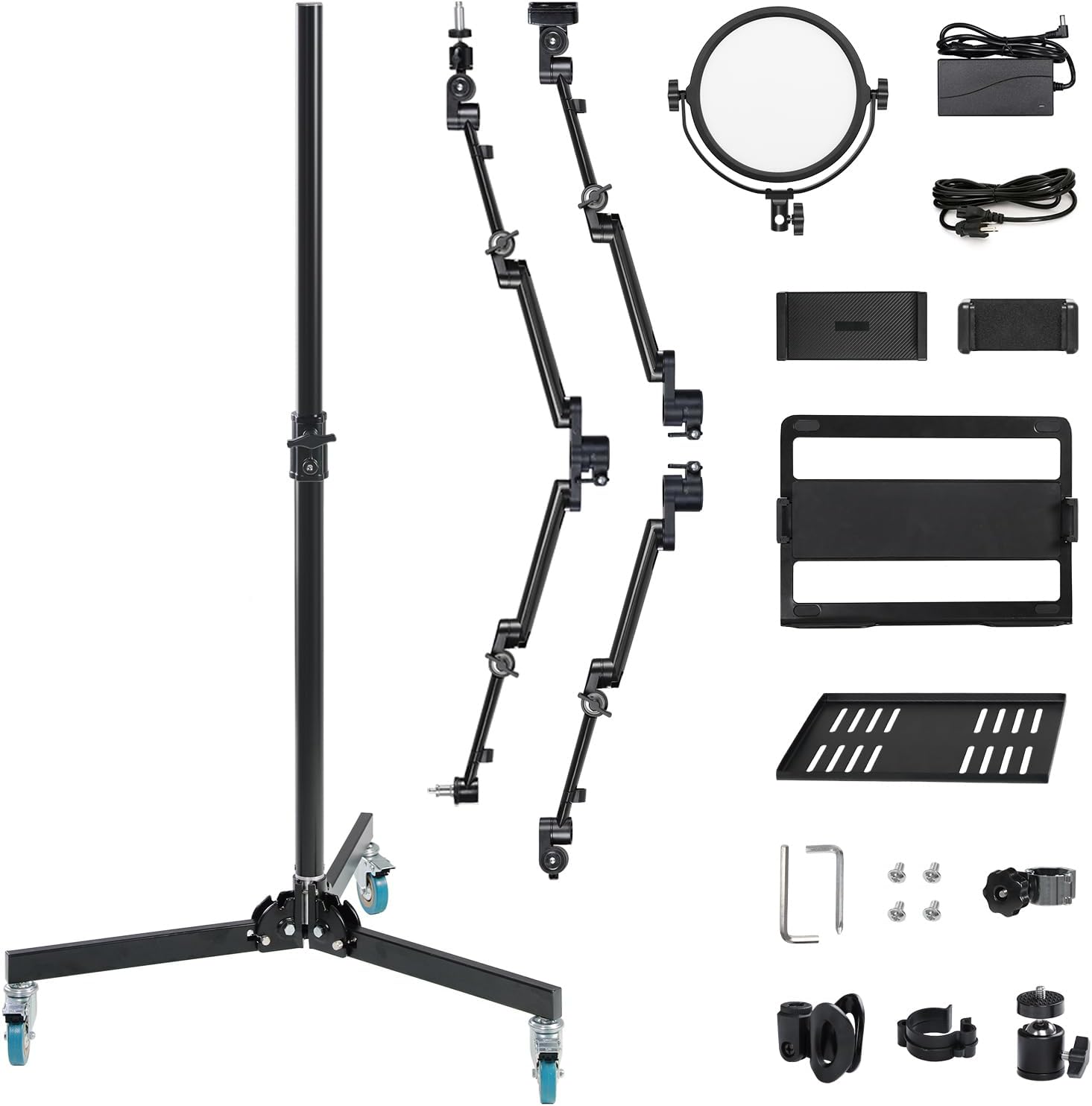 GVM 5-in-1 Movable Live Streaming Floor Stand Kit with Wheels, Overhead Camera Mount with 10' LED Key Light/Mic Boom Arm/Tablet Laptop Phone Stand/Tray for Live Broadcast Podcast Video Recording Game