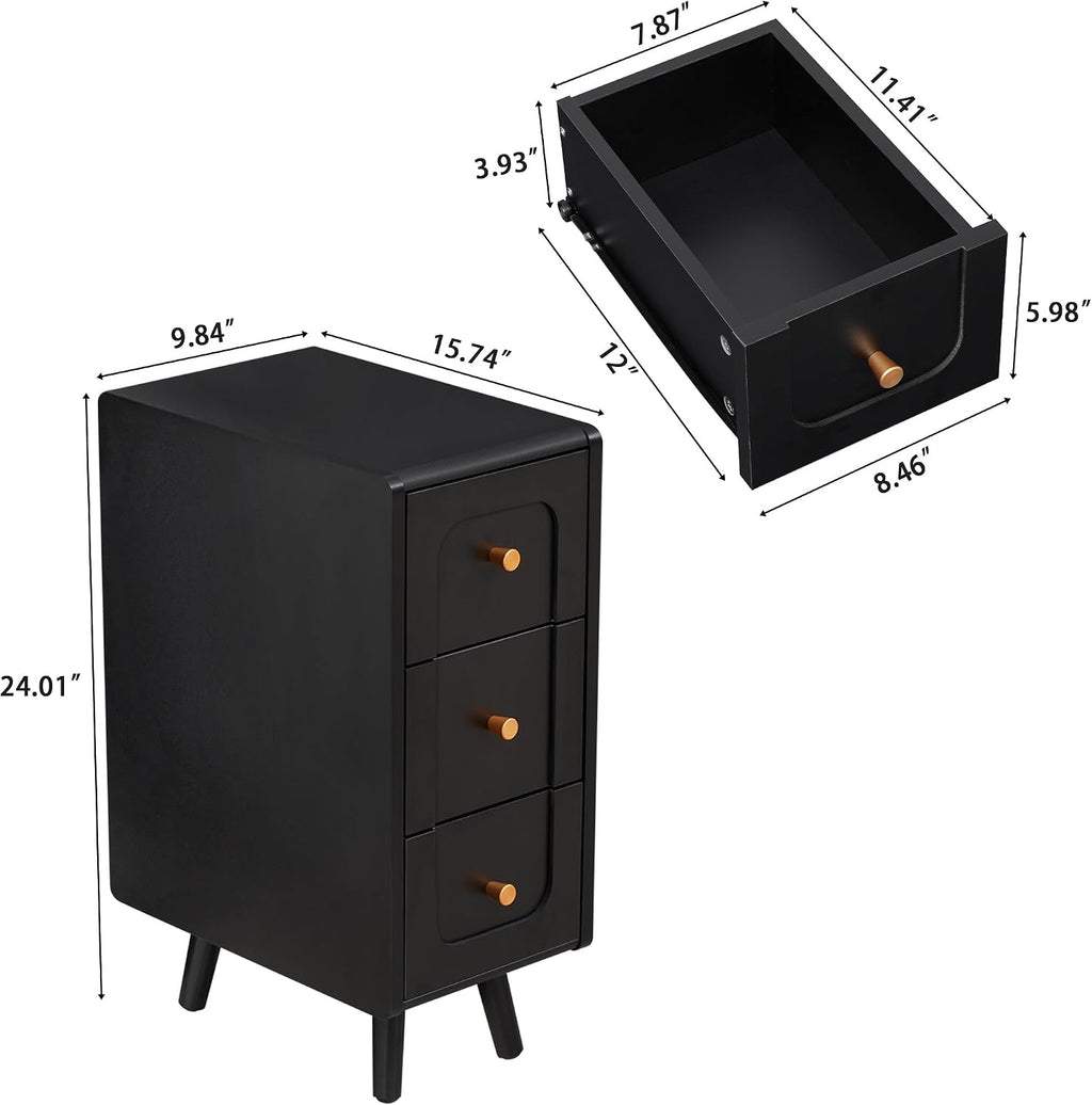 Small Nightstand Set of 2, Narrow Nightstand Slim Couch Side Table with Drawers, Wood End Tables with Storage for Living Room, Bedroom, Small Spaces (3Drawers-Black-2PCS)