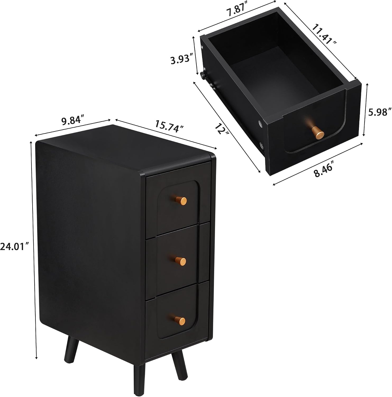 Small Nightstand Set of 2, Narrow Nightstand Slim Couch Side Table with Drawers, Wood End Tables with Storage for Living Room, Bedroom, Small Spaces (3Drawers-Black-2PCS)