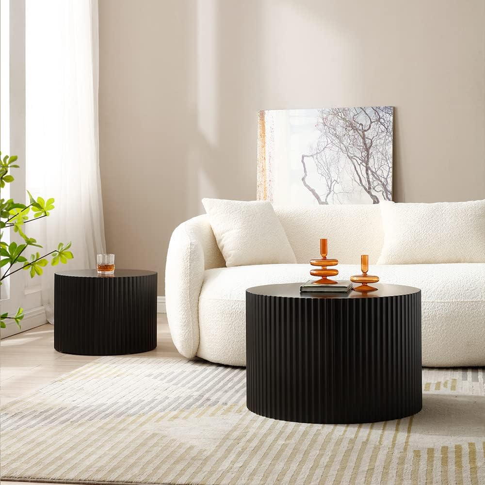 WILLIAMSPACE Black Round Nesting Coffee Table Set of 2, Modern Wooden Center Tables Accent End Tea Table for Living Room Apartment, No Need Assembly (Black-Round)