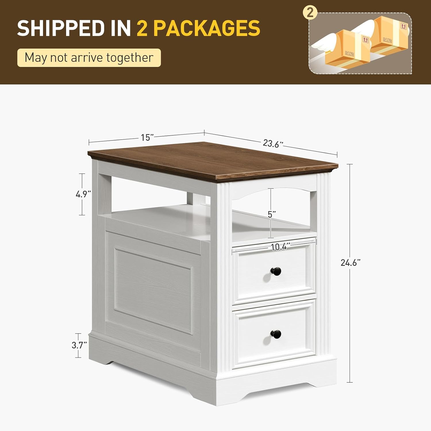 RALGEND Farmhouse End Table Set of 2, Narrow Sofa Side Table with 2 Drawers and Open Shelf, Wooden Nightstand with Storage for Small Spaces, Bedroom, Living Room, White and Walnut