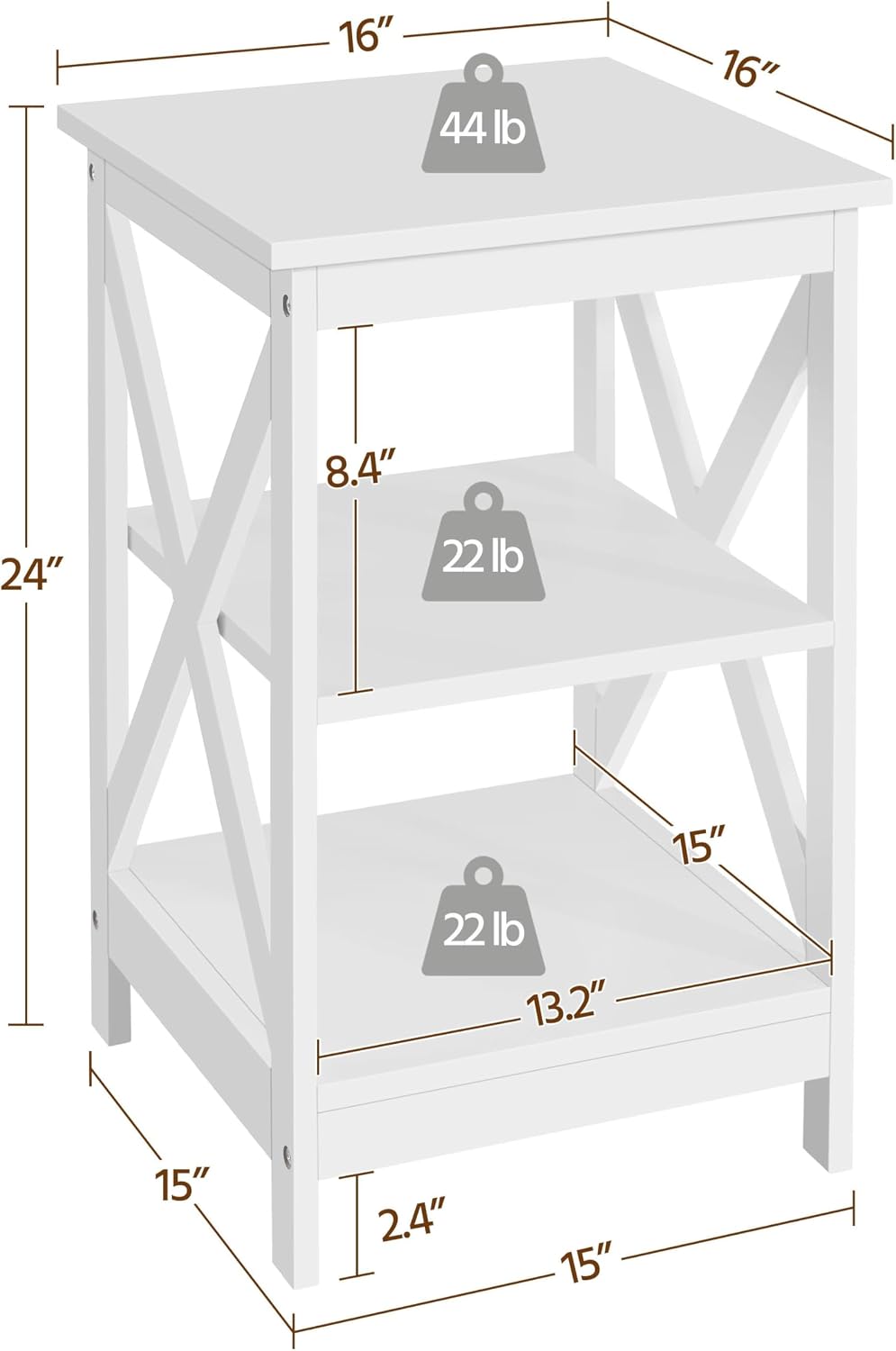 Yaheetech 3 Piece Living Room Wood Table Set, X-Design Coffee Table with Shelf & 2 x 3-Tier End Side Tables Storage Cabinet for Living Room, Accent Furniture, White