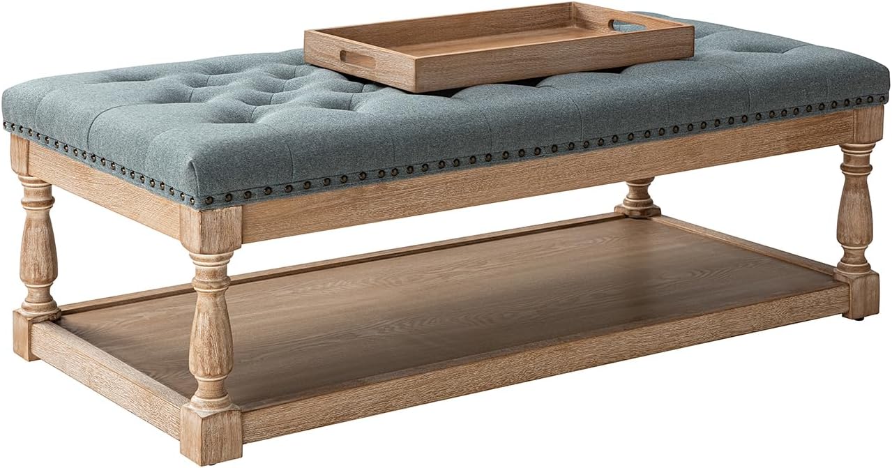 HULALA HOME Rectangle Ottoman Coffee Table with Tray, Tufted Living Room Ottoman with Solid Wood Storage Shelf, Blue