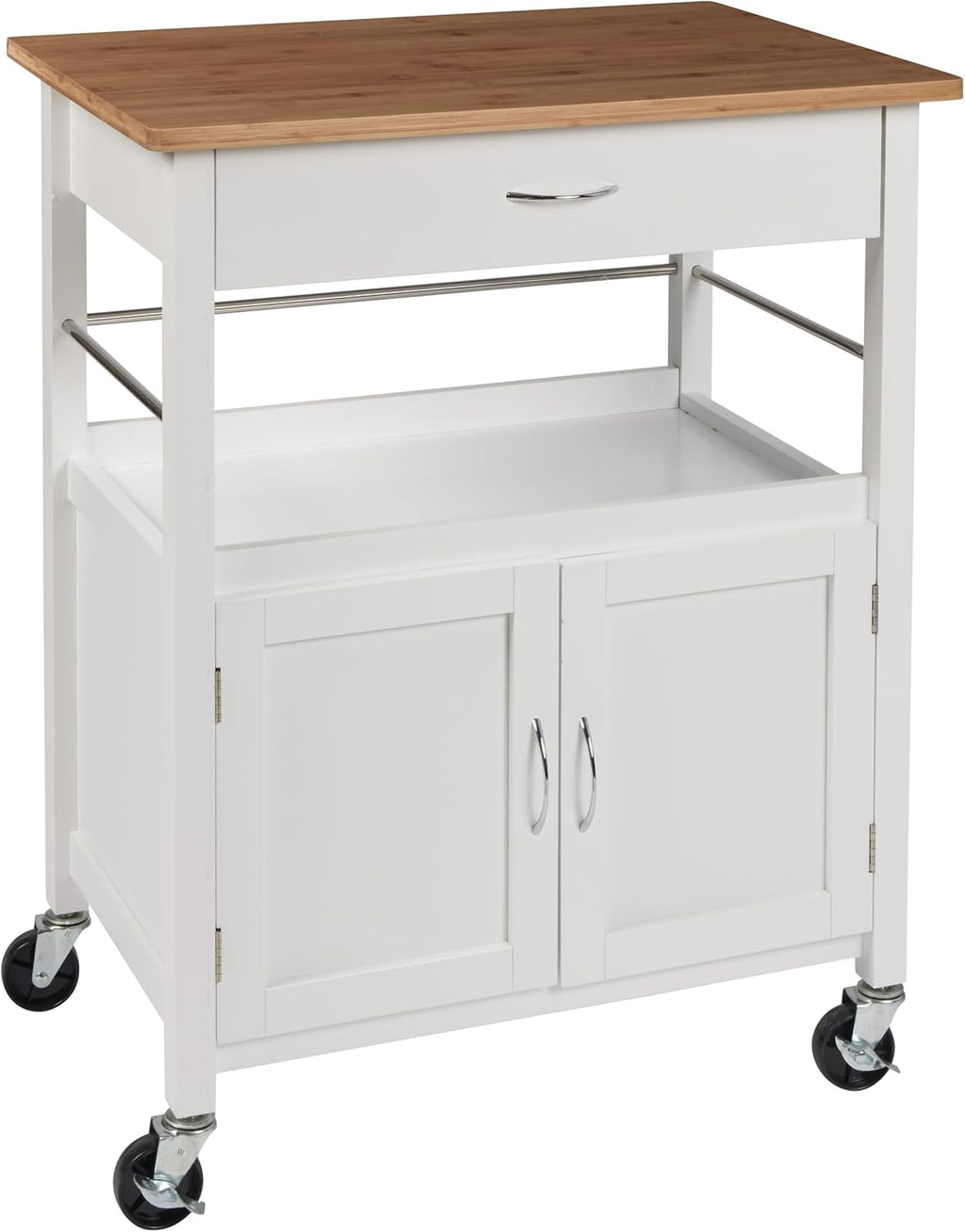 eHemco Kitchen Island Cart on Wheels with Drawer, Storage Cabinet, Shelf and Natural Bamboo Top Butcher Block, White Base | Drawer, Storage Cabinet, Shelf, Butcher Block