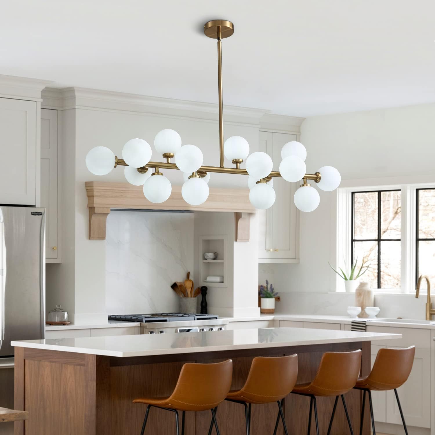 Gold Dining Room Chandelier Over Table Mid Century Modern Chandelier White Glass Globe Lampshade Linear Pendant Lighting Fixture for Living Room Dining Table 16 Lights