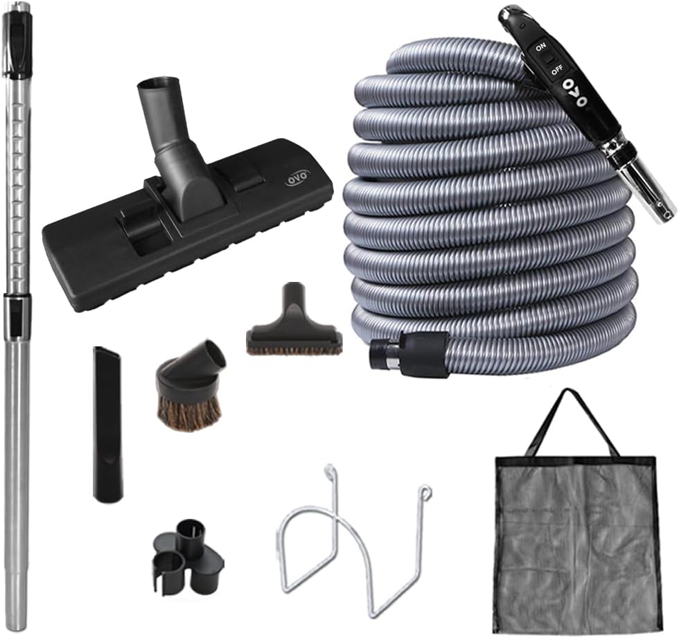 OVO Central Vacuum Standard Kit, with 30/35/40/50ft Low-Voltage Hose, ON/Off Control at The Handle, 12'' Combo Brush and Accessories, for Hard Surfaces and Carpets, B 30', Black, (KIT-LV30S)
