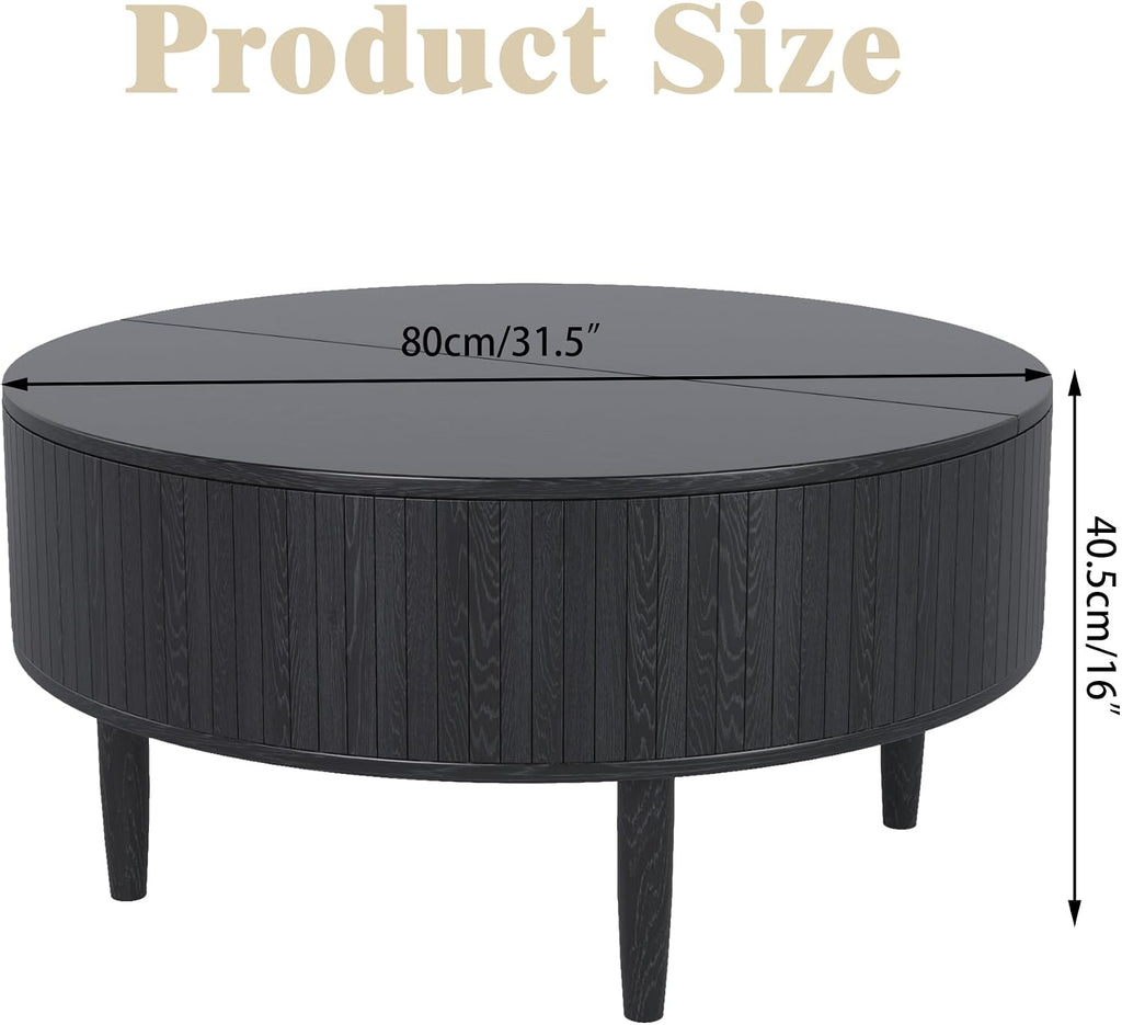 Round Fluted Lift Top Coffee Table with Storage, Mid Century Modern Coffee Table for Living Room, Home Small Space,31.5' Fluted Center Table (Black, 31.5inch)