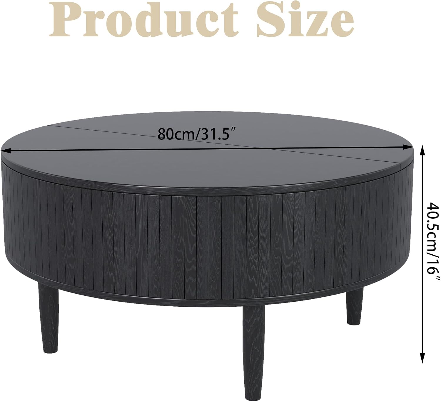 Round Fluted Lift Top Coffee Table with Storage, Mid Century Modern Coffee Table for Living Room, Home Small Space,31.5' Fluted Center Table (Black, 31.5inch)
