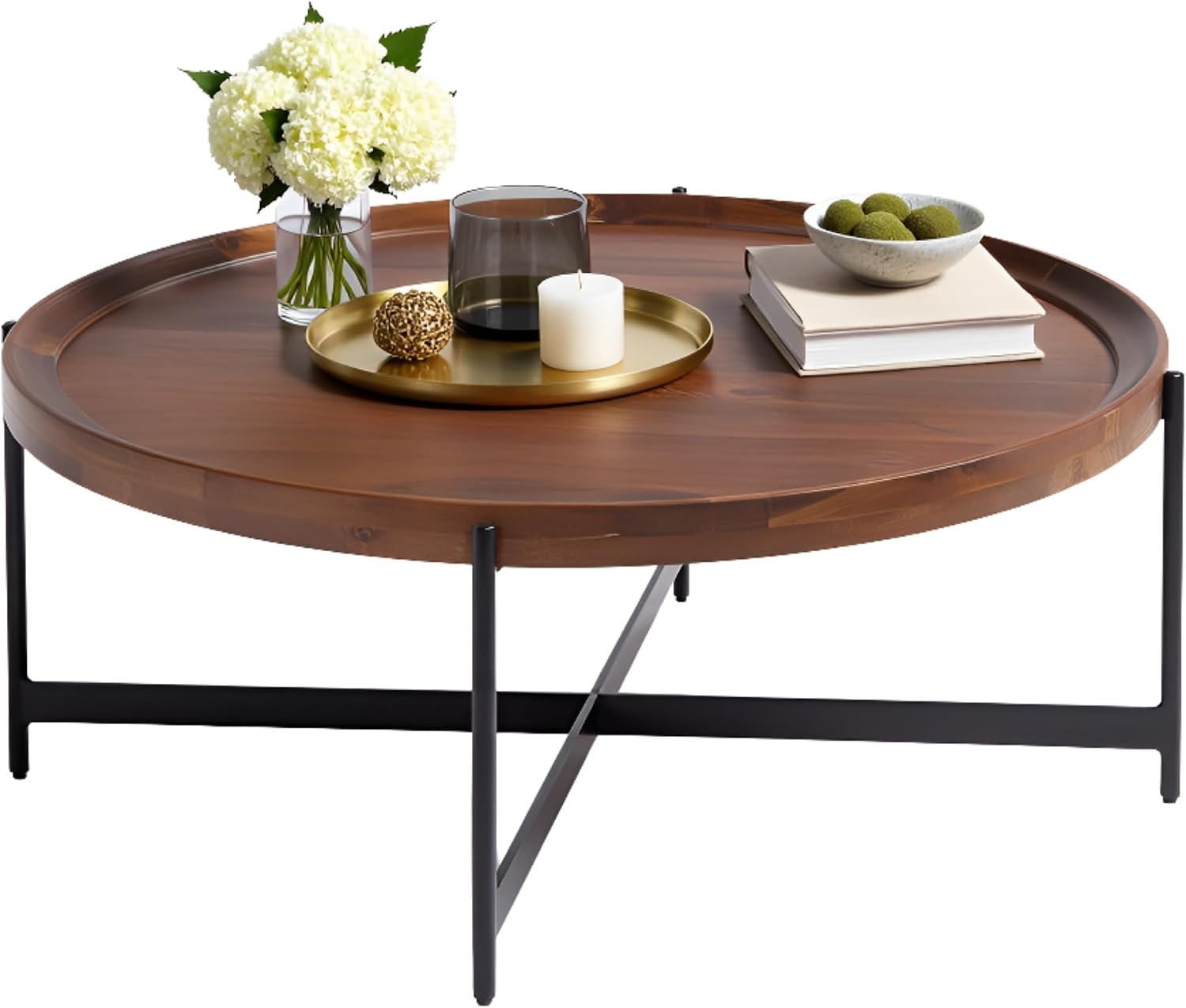 Brookline Solid Acacia Wood 42-Inch Round Coffee Table with Black Powder-Coated Metal Legs – Rustic Industrial Modern Farmhouse Living Room Furniture by Alaterre