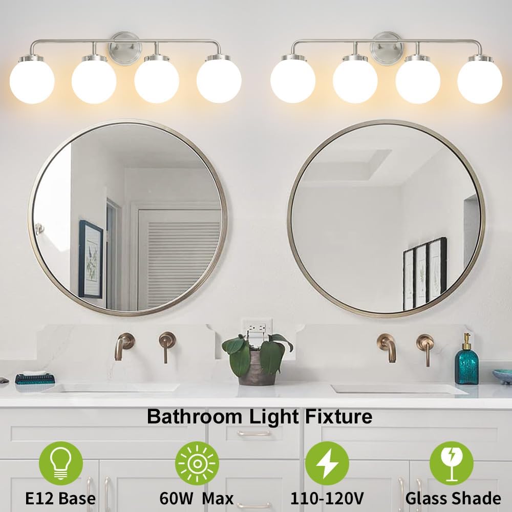 Bathroom Light Fixtures Over Mirror, Brushed Nickel Modern Vanity Lighting with Milk White Glass Globe Shades 4-Light Farmhouse Wall Sconce