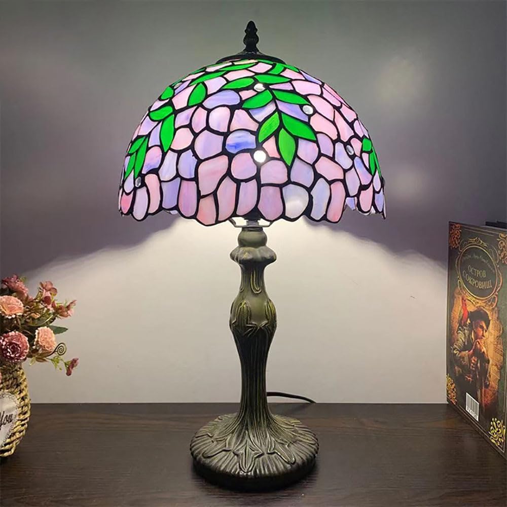 Blue Purple Stained Glass Lampshade Replacement, Tiffany Style Vintage Pastoral Green Leaves White Beads Shade for Table Lamp, Ceiling Pendant Light, Chandelier, Floor Lamp,Purple,16inch