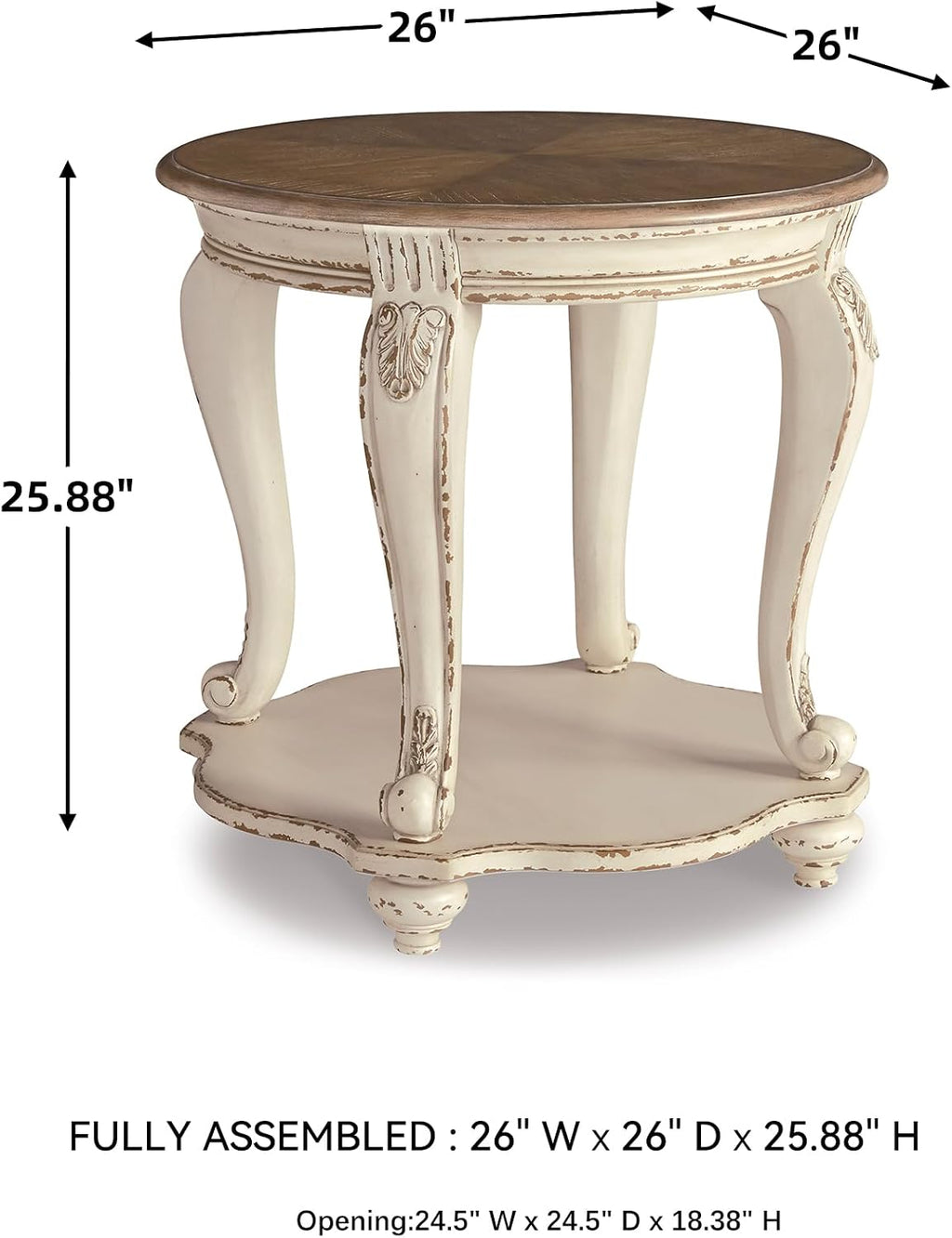 Signature Design by Ashley Realyn Round End Table, Cottage-Style Side Table with Antiqued Two-Tone Finish, Wood & Veneer Construction for Living Room or Bedroom, White/Brown