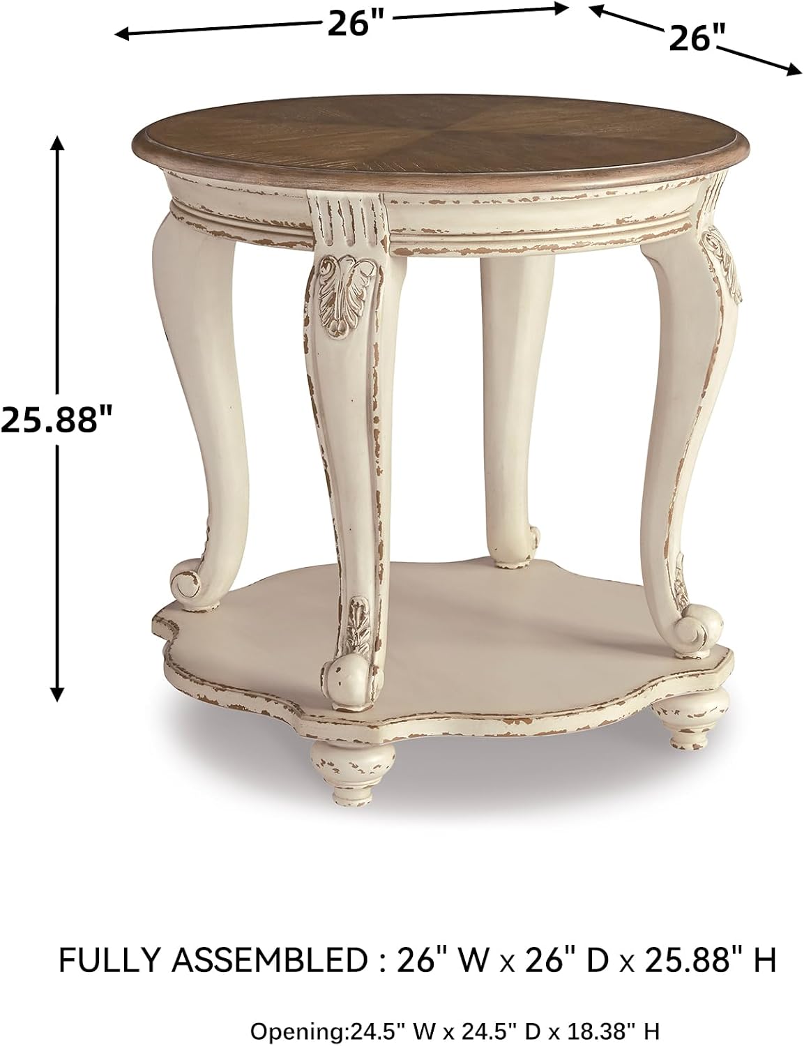 Signature Design by Ashley Realyn Round End Table, Cottage-Style Side Table with Antiqued Two-Tone Finish, Wood & Veneer Construction for Living Room or Bedroom, White/Brown