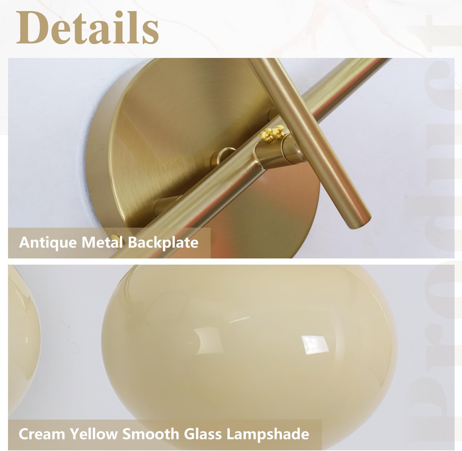 BOKT Modern 3-Light Bathroom Vanity Light Cream Yellow Glass Wall Sconces Vintage Vanity Lights Fixtures Over Mirror Gold Globe Bath Wall Sconce Bedroom Wall Mounted Sconces