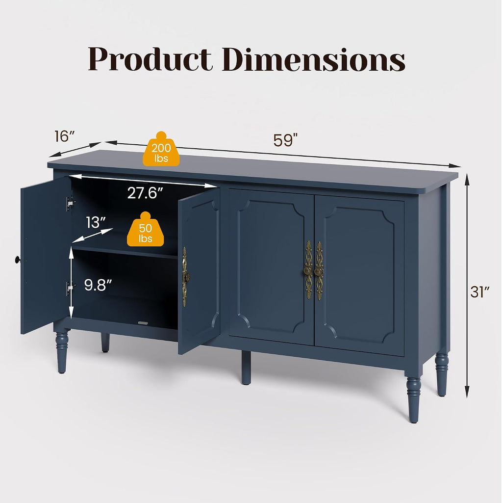 RoyalCraft 118' Buffet Cabinet with Storage, Vintage Sideboard with Adjustable Shelves, Mid Century Modern Painted Credenza Coffee Bar for Kitchen, Dining Room, Entryway, Living Room, Navy Blue