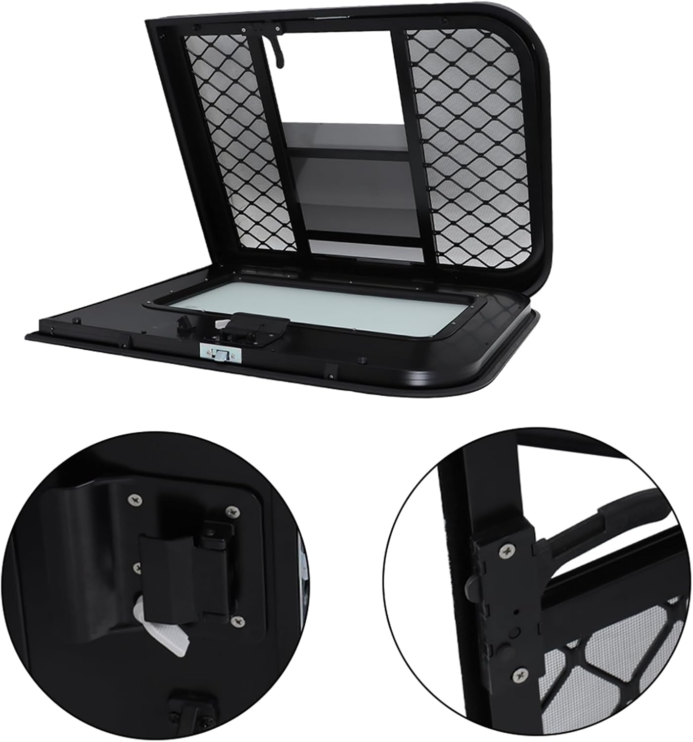 labwork Passenger RV Entry Door with Radius Corners on Top and Square Bottom with Screen Door and Window 26(W) × 32(H) Black